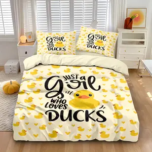 3-piece set (1 quilt cover +2 pillowcases, no core) Cartoon Q version cute little yellow duck printed quilt cover set, Bedding Sets, Duvet Cover, soft and comfortable bedding, suitable for all rooms, available all year round, room decoration