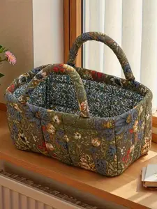 Vintage Floral Polyester Storage Baskets | Foldable, Portable, Multi-Functional Organizer for Living Room, Bedroom, Kitchen, Bathroom - Ideal for Cosmetics, Snacks, General Storage