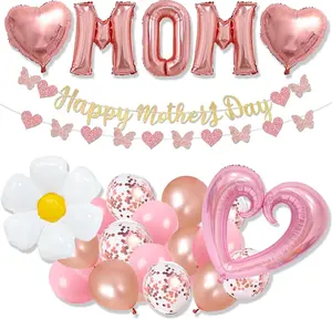 31PCS Mother’s Day Decorations Set – Rose Gold MOM Balloon Kit with 40-Inch Heart Balloons, Butterfly Garland, Banner & Party Decor for Mother’s Day & Birthday Celebration