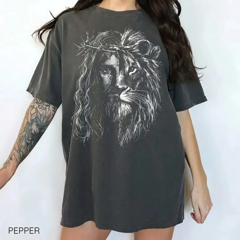 Comfort Colors Halftone Jesus Lion of Judah Shirt, Retro Christian Faith Tee, Man of God Bible Verse T-Shirt, Lion Graphic Religious Gift, Women's T-shirt, Graphic Tee, Crewneck Top