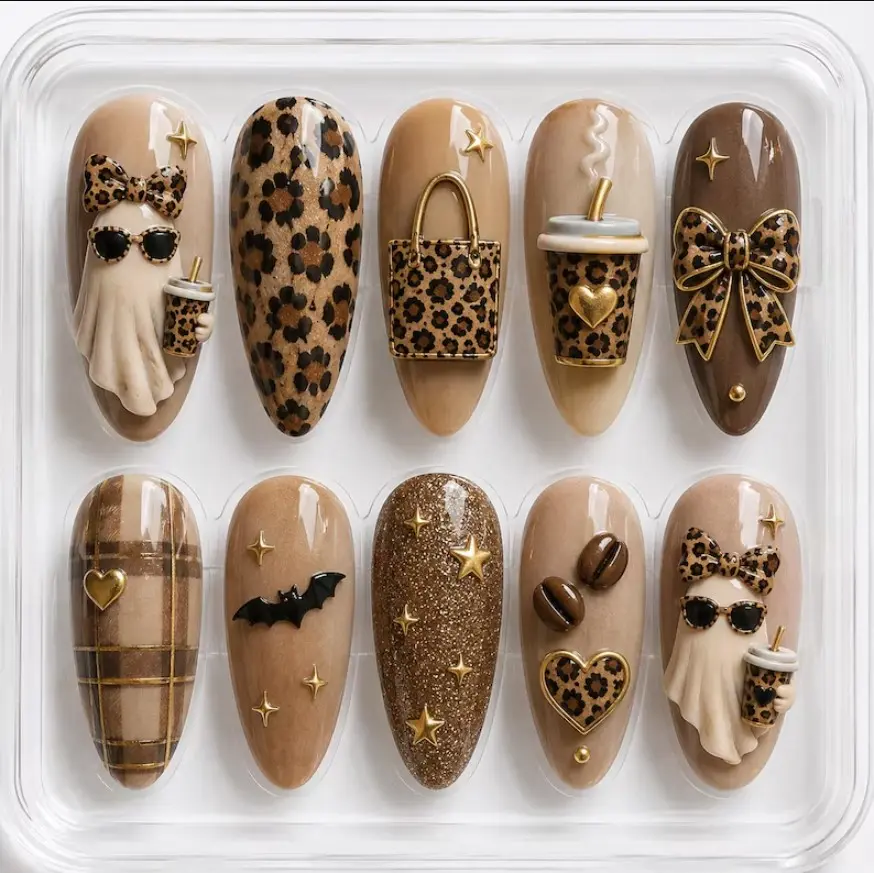Luxury Halloween Press On Nail, 3D Coffee & Bow, Spooky Ghost Handmade, Leopard Trick Or Treat Day, Gif For Her