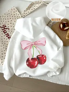 Women's Drop Shoulder Hoodie with Bow and Cherry Print, Casual Fall & Winter Loose-Fit Pullover, Fashionable Outdoor Wear