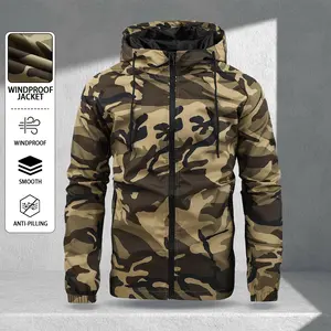 Men's Streetwear 2026 New Camouflage Hooded Jacket Windproof Waterproof High Street Style Loose Fit Workwear Coat Drawstring Adjustable Hat Pocket Zip Up Cardigan Hem Ribbed Cuffs Vintage Military Style Casual Commuter Outdoor Versatile Wear Suitable For