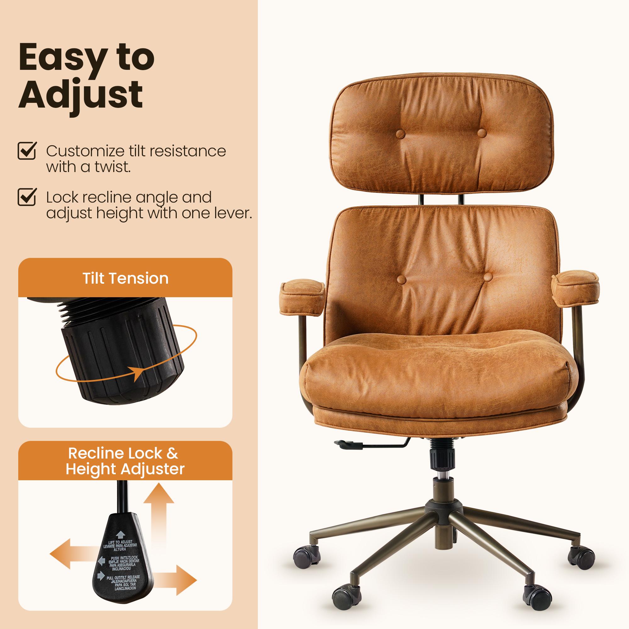 OOSWIFT Ergonomic Home Office Chair, Mid-Century Modern Faux Leather Chairs with Thickened Cushions, Comfy High Back Swivel Rolling Executive Computer Armchair