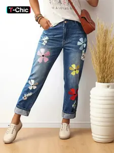 Women's Fashion Aesthetic Streetwear Denim Jeans, Pockets, Floral Embroidery, Ripped Effect, Loose Fit, Casual Style, All Seasons Wear, Ladies' Long Pants