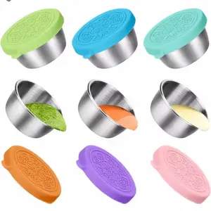 [6-piece set] Portable salad dressing containers, condiment containers with lids, reusable stainless steel sauce cups, leak-proof silicone lids, suitable for lunch boxes, picnics, and travel