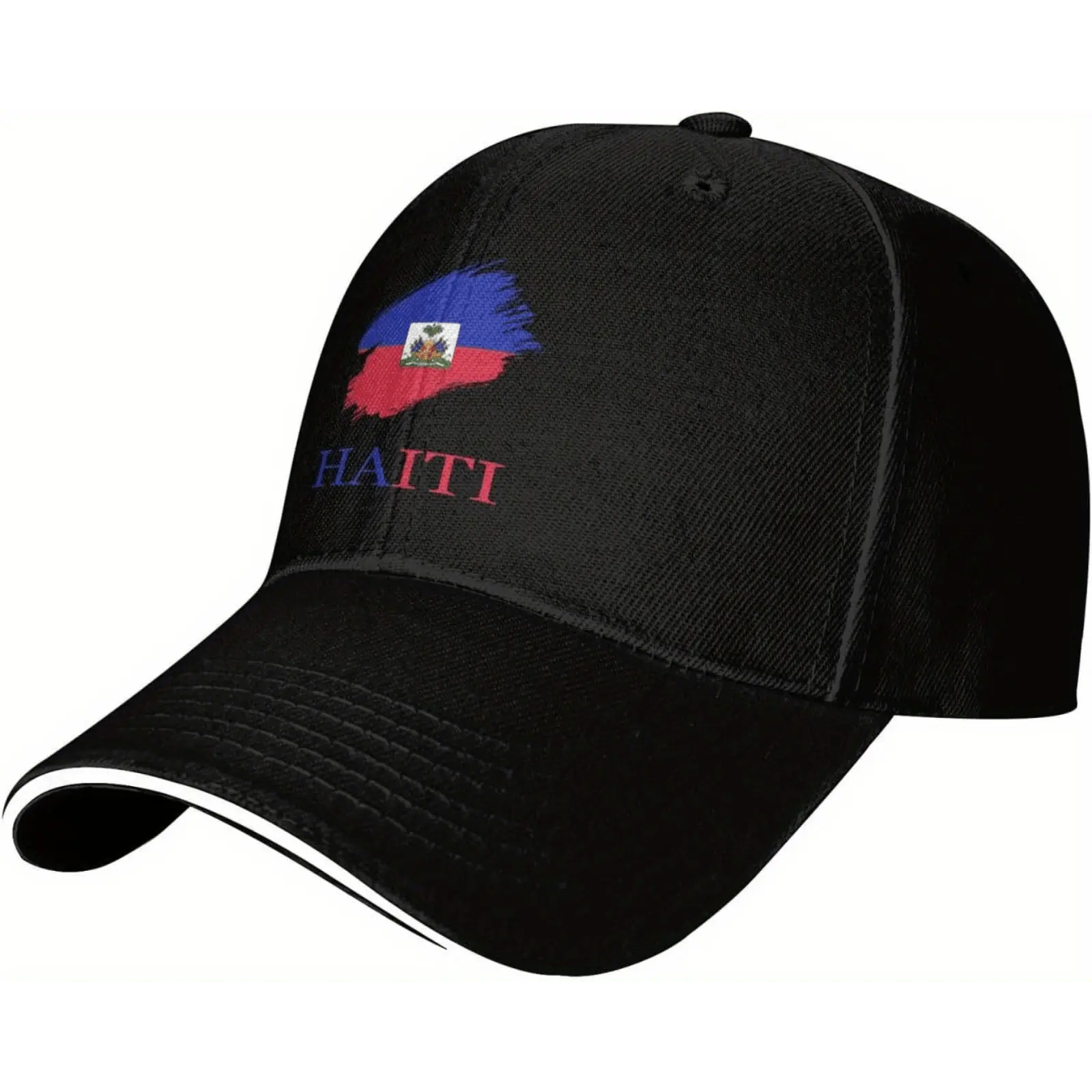 Unisex Haitian Flag Brush Sandwich Baseball Cap - Adjustable Peaked Snapback, Adult Outdoor Sports Sunhat, Black, Flag Graphic Haiti Hats, Flag Graphic Hats