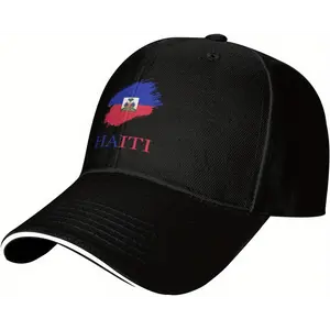 Unisex Haitian Flag Brush Sandwich Cap, Adjustable Peaked Patriotic Trucker Snapback Hat, Adults Gifts Sunhat for Outdoor Sports, Black