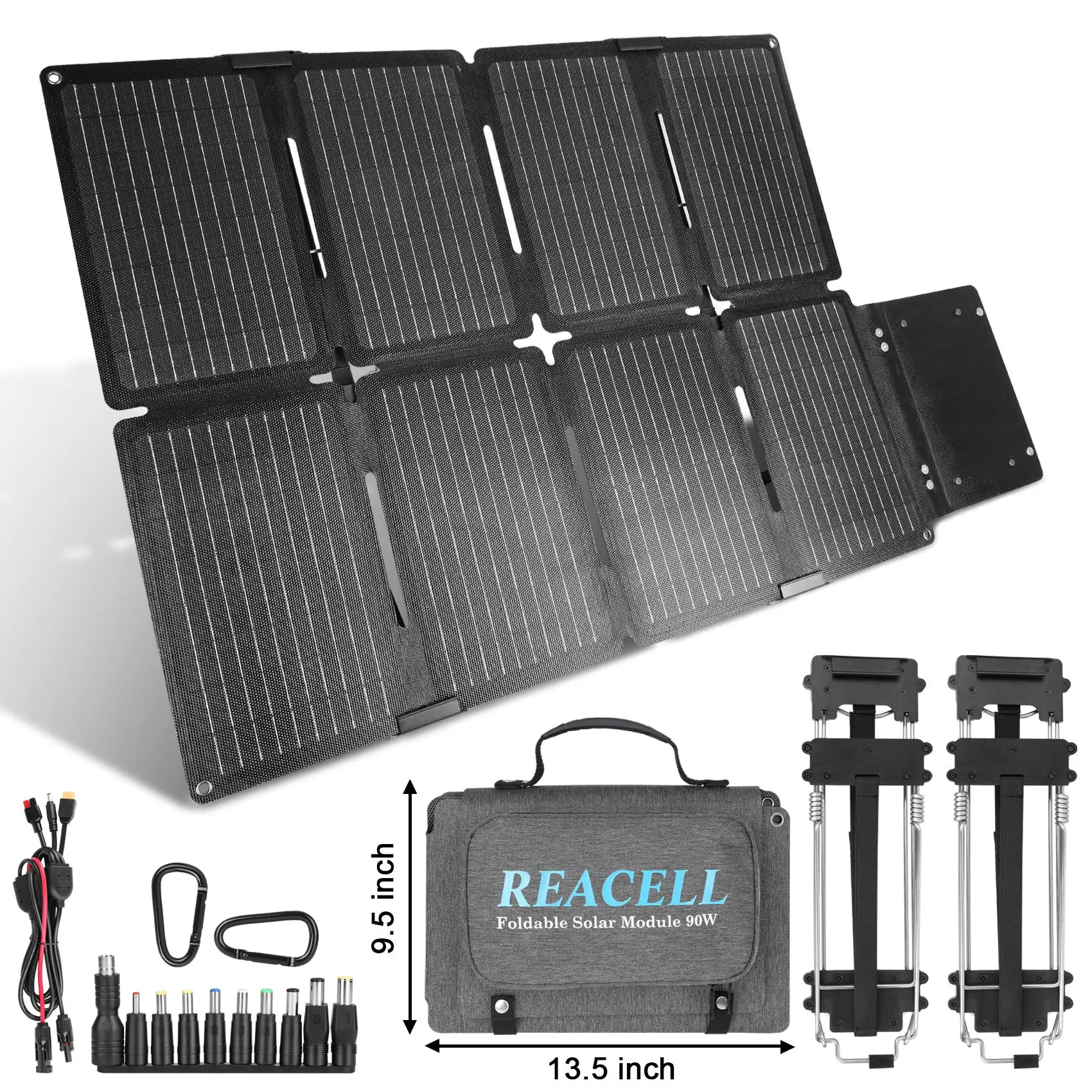 REACELL 90W Foldable Compact Solar Charger - Monocrystalline Silicon Cells, 23% Efficiency, QC3.0 USB-A/Type-C Ports, IP67 Rating, Durable Oxford Cloth Cover, Removable Kickstands, Zipper Pouch - Outdoor Power for Power Banks, Tablets