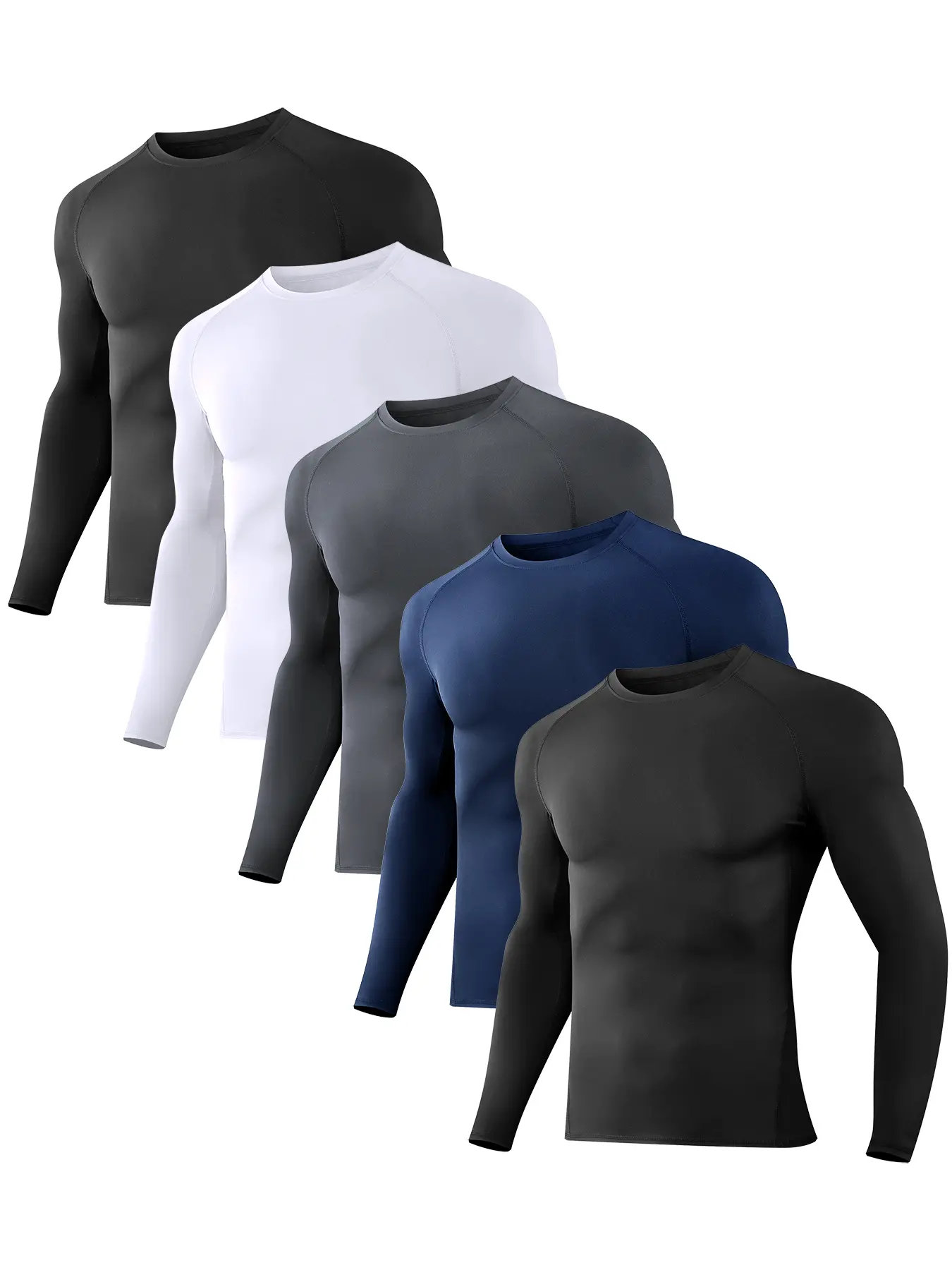 Men's 5-Piece Slim-Fit Long-Sleeve Sports Shirt Set Compression T-Shirt for Fitness Daily Activities Versatile Black White Navy Colors,summerwins summerwins