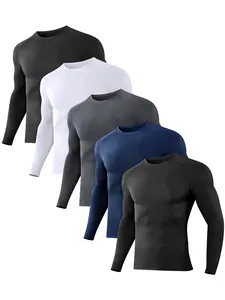 Men's 5-Piece Slim-Fit Long-Sleeve Sports Shirt Set Compression T-Shirt for Fitness Daily Activities Versatile Black White Navy Colors,summerwins