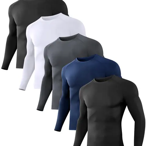 Men's 5-Piece Slim-Fit Long-Sleeve Sports Shirt Set Compression T-Shirt for Fitness Daily Activities Versatile Black White Navy Colors,summerwins summerwins