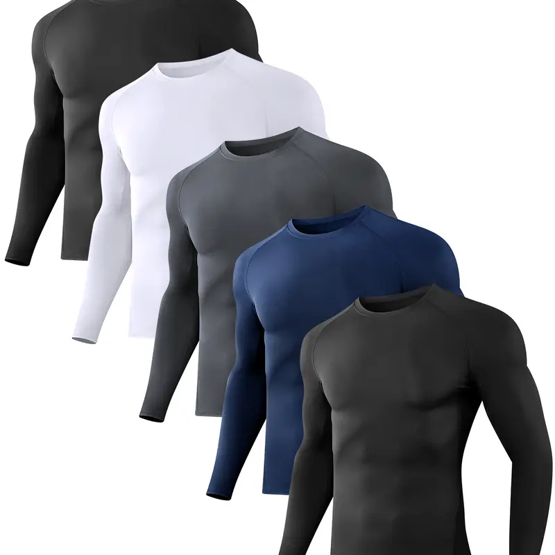 Men's 5-Piece Slim-Fit Long-Sleeve Sports Shirt Set Compression T-Shirt for Fitness Daily Activities Versatile Black White Navy Colors,summerwins summerwins