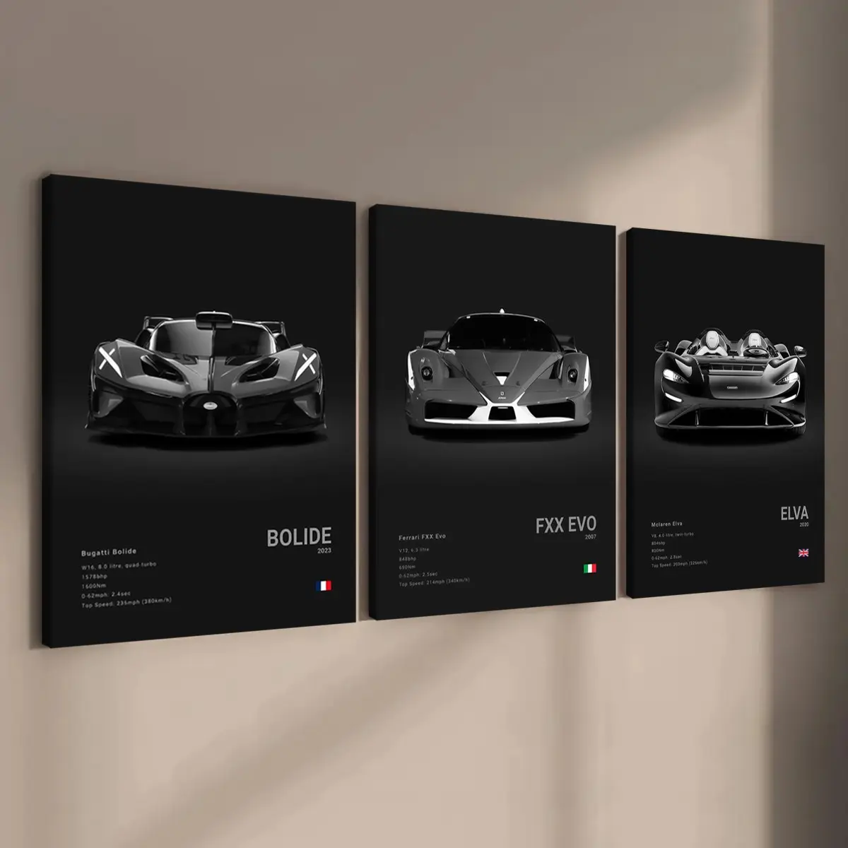 3-count wooden frame canvas, exquisite supercar art poster, Art Prints, cool male bedroom car decoration pattern, car collector, Modern Home Decoration, suitable for living room, corridor, office, home wall decoration, ideal gift, Decoration Items