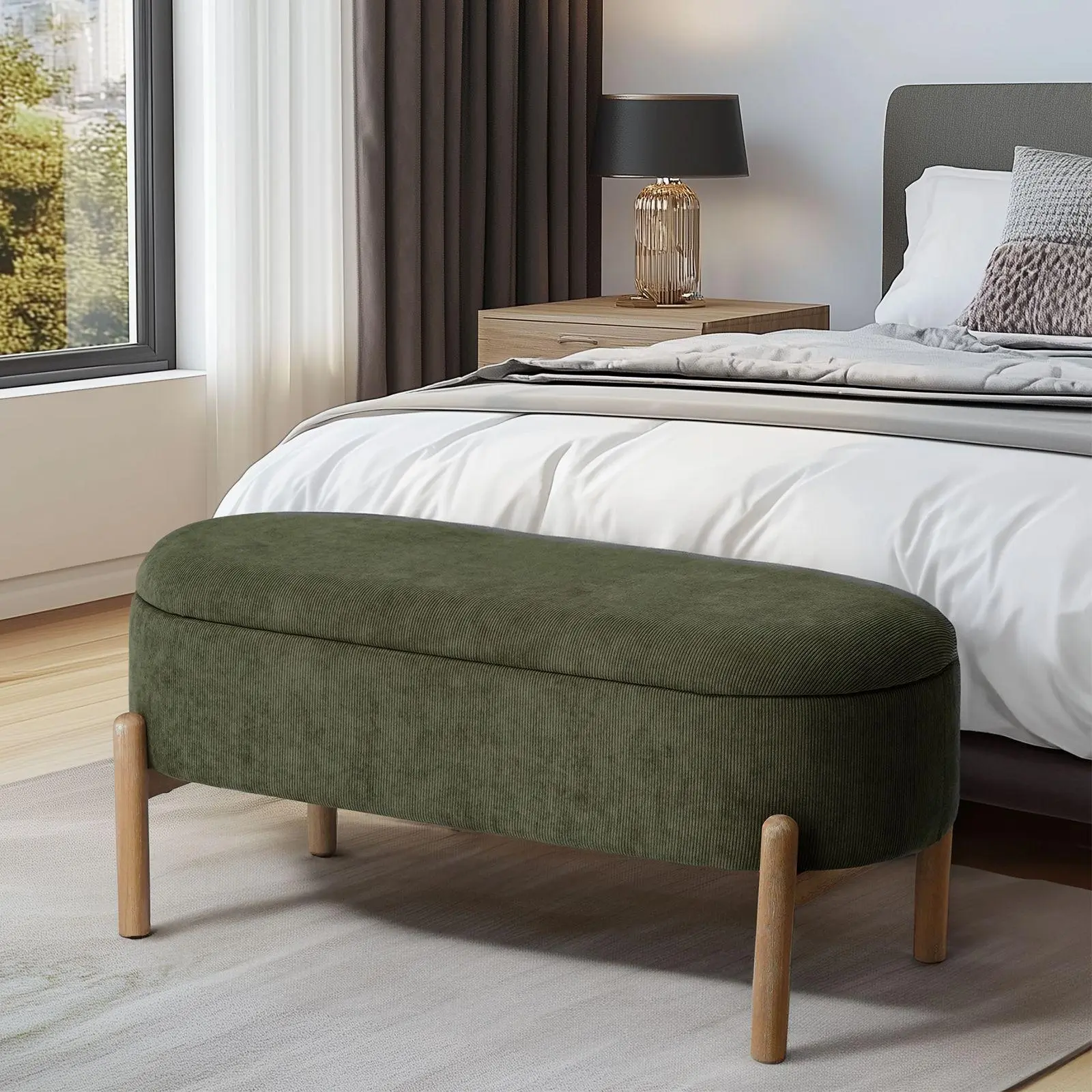 SIMTONAL Corduroy Upholstered Storage Bench Ottoman - Large Oval Upholstered Stool with Storage, Foot Rest Stool for Bedroom End of Bed, Living Room (Green, Gray, Black Options)