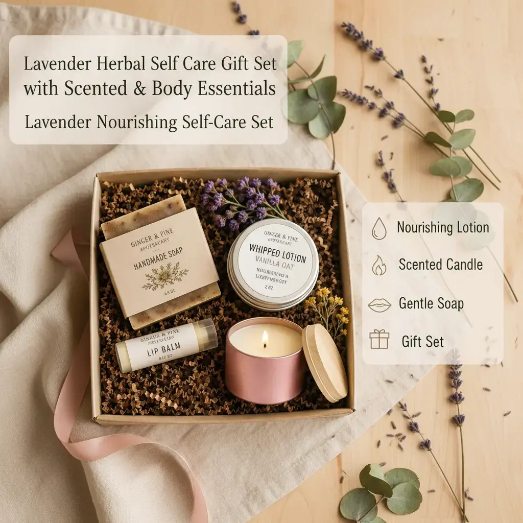 Herbal Self Care Gift Set with Soap, Lotion & Lip Balm - Handcrafted Moisturizing Body Beauty Set with Salve or Candle, Lavender Scented Gifts for Mom, Self Care Products, Moisturizer, Bridesmaid Gifts