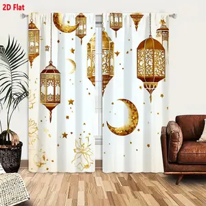 2D Flat Ramadan Decor Golden Lanterns Stars Moon Pattern Blackout Curtains 2-Piece Set, Festive Cultural Ornate Filigree Design Decorative Window Drapes for Home Bedroom Living Room