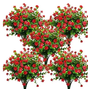 10 Pcs Artificial Fake Flowers 13.39" L x 8.6" W Faux Outdoor Plastic Plants UV Resistant Shrubs Outside Indoor Decorations (Red-Eucalyptus) Decorative Fruit