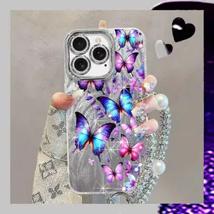 Beautiful Butterfly Pattern Acrylic TPU mobile phone case applicable for iPhone 16ProMax 15 14 13 12 11 Plus cases Comes and a glitter glass lens shockproof full camera protection durable shockproof protection new style camlet design