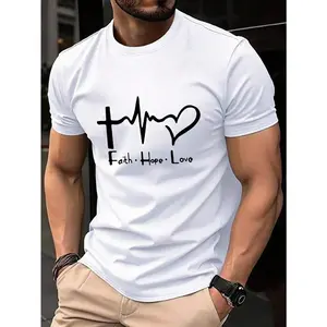 Men’s Faith Hope Love Graphic T-Shirt Casual Short Sleeve Crew Neck Tee Minimal Line Art Cross Heart Print Soft Breathable Everyday Streetwear Top
