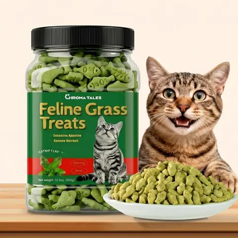 Cat Grass Treats with Salmon & Catnip |   Hairball control and Training treats |   Teeth cleaning snack Reduce plaque (12.3oz, Salmon & Catnip Flavor)