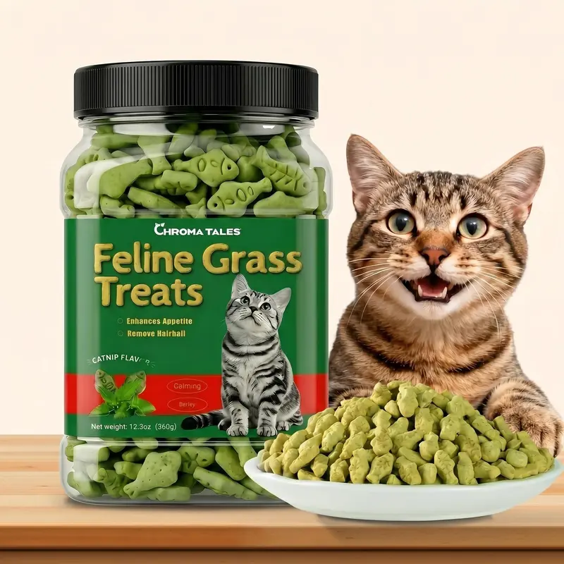 Cat Grass Treats with Salmon & Catnip |   Hairball control and Training treats |   Teeth cleaning snack Reduce plaque (12.3oz, Salmon & Catnip Flavor)