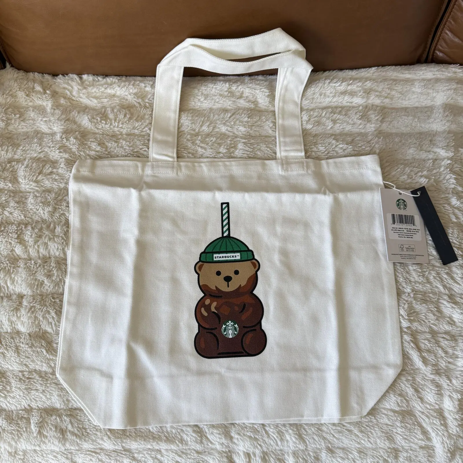 Women's Casual Starbucks Bearista Reusable Tote Bag, Cute Fabric Design, Adjustable Shoulder Strap for Easy Carry Items