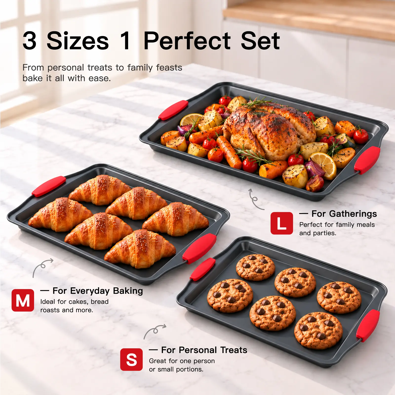 3-Piece High-Temperature Non-Stick Bakeware Set - Home Baking Rectangular Trays, Cake Molds, Oven Cookie Sheets Bakeware Kitchen Nonstick Silicone Steel Handles