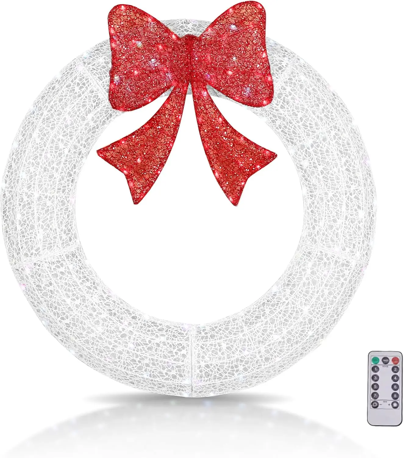 36in Pre-lit Outdoor Christmas Wreath Decoration, 175 LED Multi-Color Lights, Lighted Metal Wreath with Bow with Remote Control Timer for Indoor Outdoor Holiday Party(White/Red