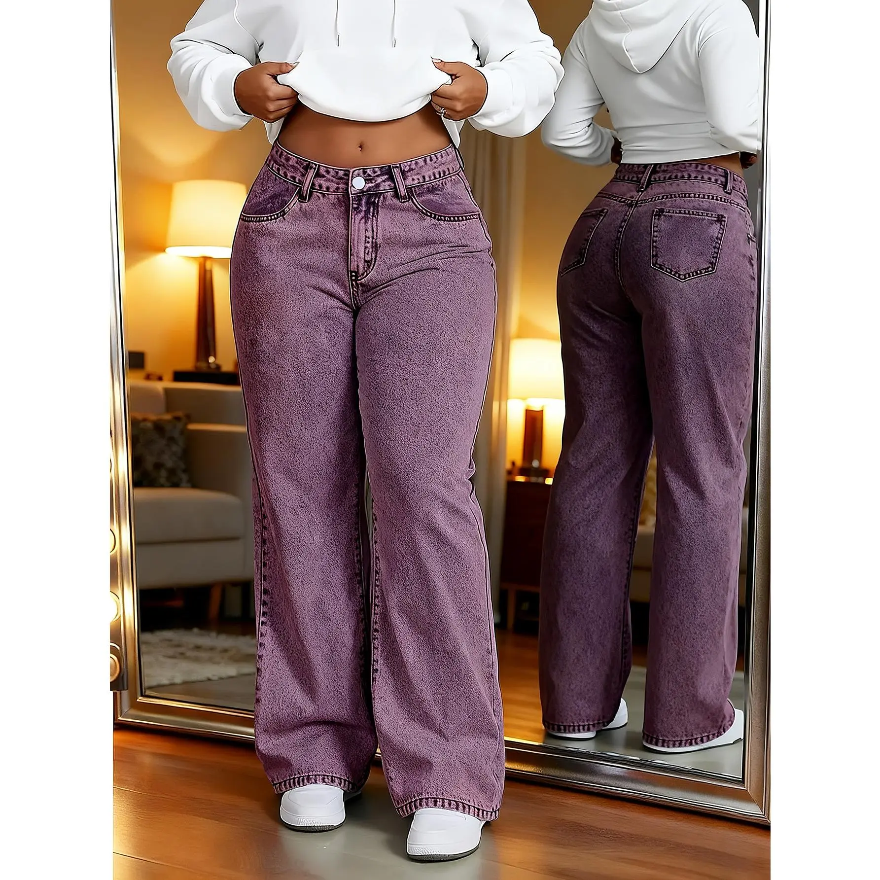 Plus Size Straight Leg Jeans for Women, Boho High Waist Relaxed Fit in Washed Purple Stretch Denim, Cropped for All Seasons, Bohemian, Bottom, Cotton, Fabric, Trouser, Washed Look