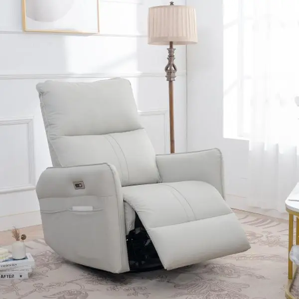 Modern Faux Leather 270° Swivel Power Rocker Recliner with USB Port, Overstuffed Electric Reclining Chair with Armrests for Nursery, Living Room, Light Grey, Single Seat