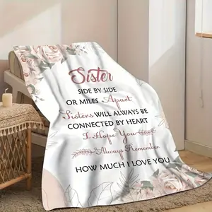 [Cozy Sister Love Blanket] Soft All-Season Cozy Throw Blanket Sister Love Floral - Side by Side or Miles Apart Heartfelt Message, Pink Roses & Green Leaves Design, Machine Washable, Perfect Gift for Siblings, Sister-280GSM