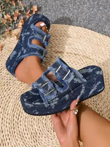 Women's Leopard Print Thick Sole Flatform Sandals, Canvas Buckle Strap Platform Shoes, Summer Outdoor Height Increasing Beach Slippers