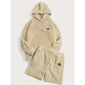 Appropriaty Men'S Stylish Black Faux Fur Hoodie & Shorts Set - Soft Polyester, Zipper Pockets, Drawstring Waist, Casual Streetwear Clothes Tops