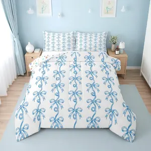 Feelyou Digital Print Bedding Comforter Set - Blue & White Breathable Striped Design with Ribbon Bowtie, Multi-Size Coquette Style for Girls' Aesthetic Room Decor
