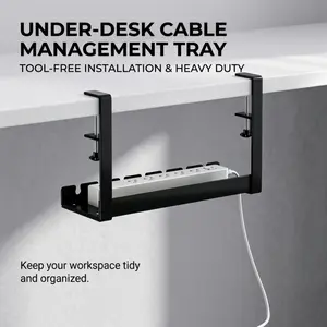 Under Desk Cable Management Tray, Clamp-On No-Drill Wire Organizer, Sturdy Metal Rack for Power Strips & Cables, Keep Your Workspace Tidy