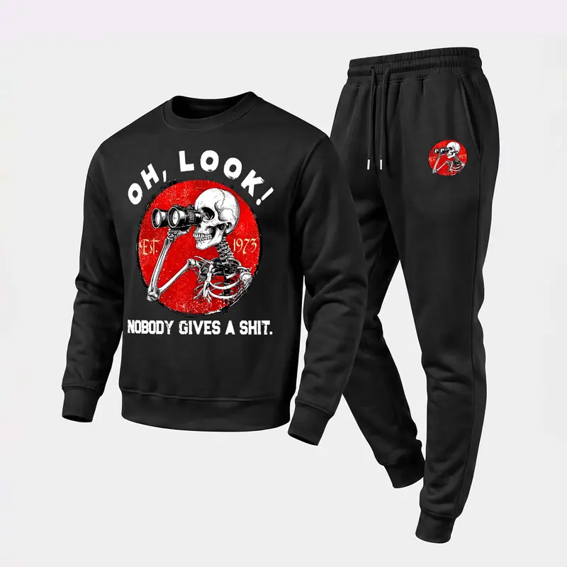 Men's 2-Piece "The Telescope's Skull" Print Polyester Athletic Set - Crew Neck Long Sleeve Pullover, Drawstring Jogger Pants, Breathe-Easy Fabric, Athletic-Ready Fit, Fashion Fall Winter Casual Lounge Menswear Tracksuit, Machine Washable