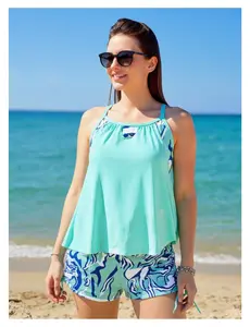 Women Tankini Swimsuit with Shorts - Tie-Dye Halter Top & Adjustable Shorts, Blue Green Bikini Set, Modest Swimwear for Vacation, Comfortable Two Piece Bathing Suit