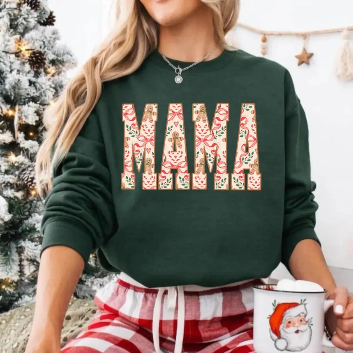Mama Sweatshirt, Gingerbread Candy Cane Bow Letters Crewneck for Women, Christmas Mom Shirt, Cute Holiday Mama Gift for Her, Xmas Top