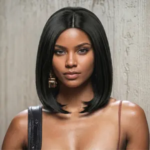 Black Straight Bob Synthetic Wig - Heat Resistant No-Lace Glueless Wig for Daily Wear
