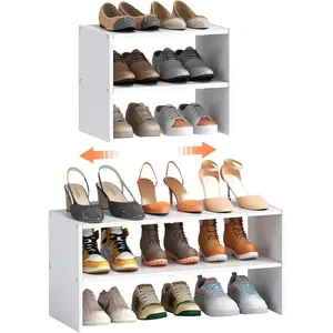 2-Tier Expandable White Shoe Rack Organizer for Closet, Stackable Shoe Rack Shelf, Small Iron Wood Combination Shoe Shelves for Closets,Entryway,Front Door,,Hallway,6-12 Pairs