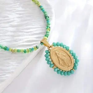 1pc Vintage Virgin Mary Necklace for Women - Stainless Steel Religious Jewelry with Colorful Beads & Golden Pendant, Christian Daily Wear or Gift, All-Season Style, Spiritual Necklace |   Colorful Bead Necklace |   Stainless Steel Pendant