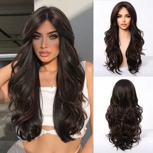 No Damage Salon Look Long Brown Highlight hairline Wig Heat Resistant Wavy Hair Natural Middle Part Synthetic Material Wigs