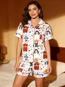 Women's Letter & Cartoon Pattern Labyrinth Sleepwear Set, Pajamas, Soft Lightweight Sleeping Clothes, Comfortable for Casual Wear and Sleep
