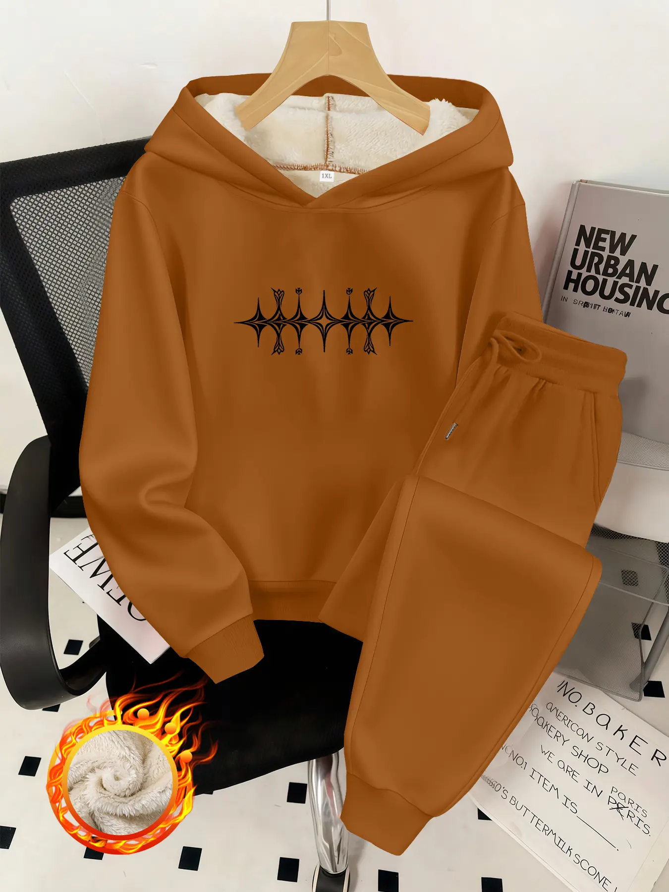 Women's Winter Warm Set, Casual Cartoon Print Hoodie & Fleece-Lined Pants, Plus Size Thick Lamb Fur Sweatshirt + Thermal Leggings