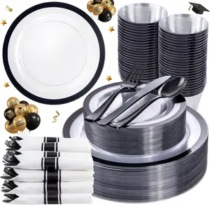 350PCS - Clear with Black Rim for 50Guests Dinnerware Include 100 Clear disposable 150 Black Silverware 50 for & Graduation