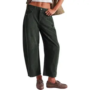 Women’s Corduroy Pants – Barrel Cut, Mid-Rise, Elastic Waist, Casual Wide-Leg Loose Trousers with Pockets