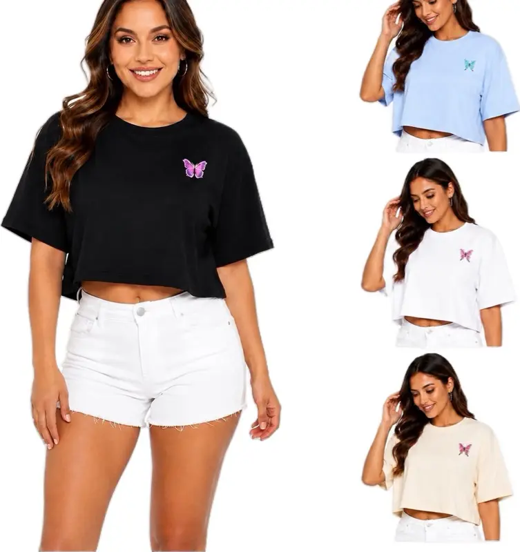 Women’s Butterfly Crop T-Shirt – Oversized Casual Short Sleeve Top
