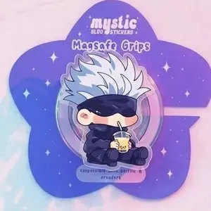 Magnetic Phone Grip Chibi Gojo Satoru Boba Tea, Kindle Holder Magsafe Compatible, Cute Anime Aesthetic High-quality Print, Removable Gift for Readers & Otaku.