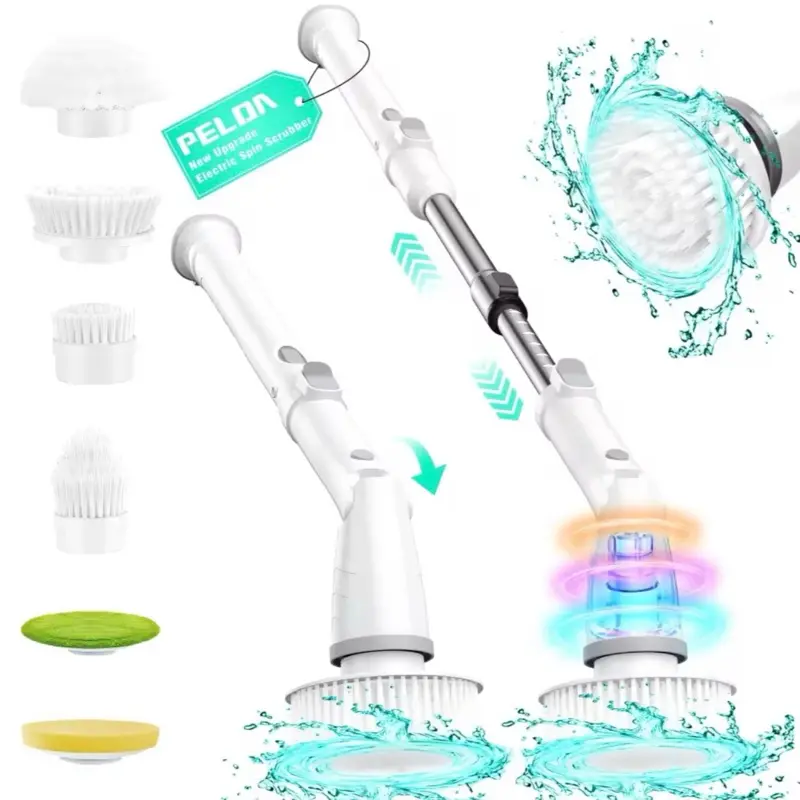 Electric Spin Scrubber, High-Speed Adjustable Cleaning Brush with 6 Replaceable Brush Heads & Long Handle,